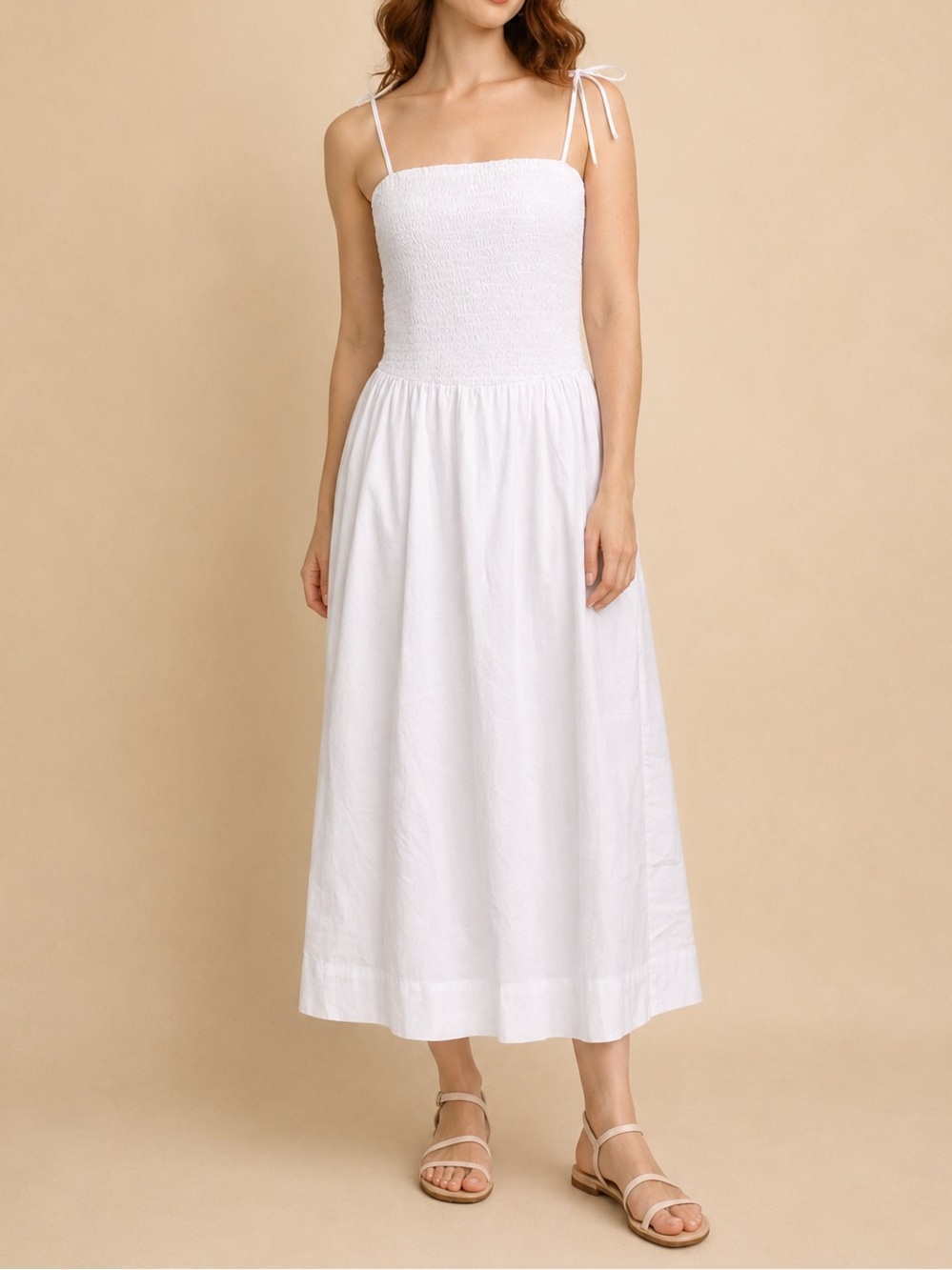 ASTR The Label White Smocked Tie Strap Cotton Midi Dress Size Large NWT